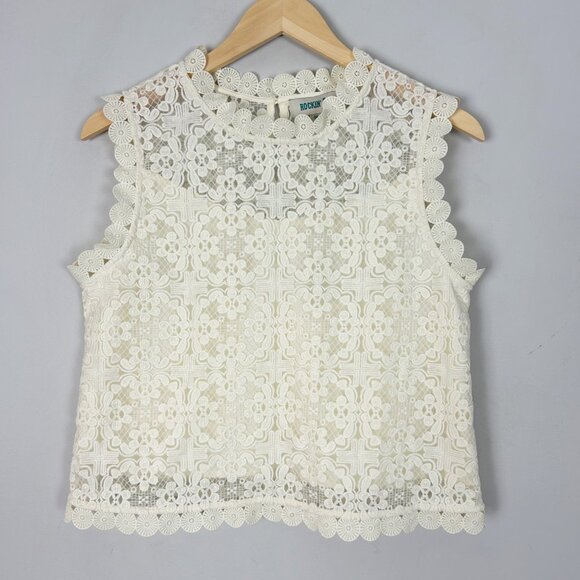 Rockin' C Ivory Embroidered Lace Top Boho Cottagecore Size Medium Women's - Picture 1 of 4